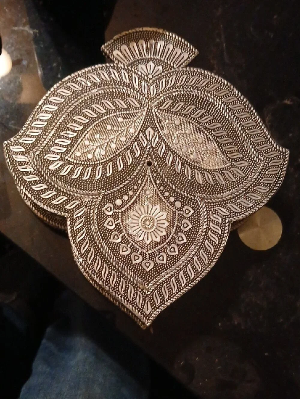 Ornate Leaf-Shaped Embossed Metal Trinket Box - Silver Tone,9x8in.
